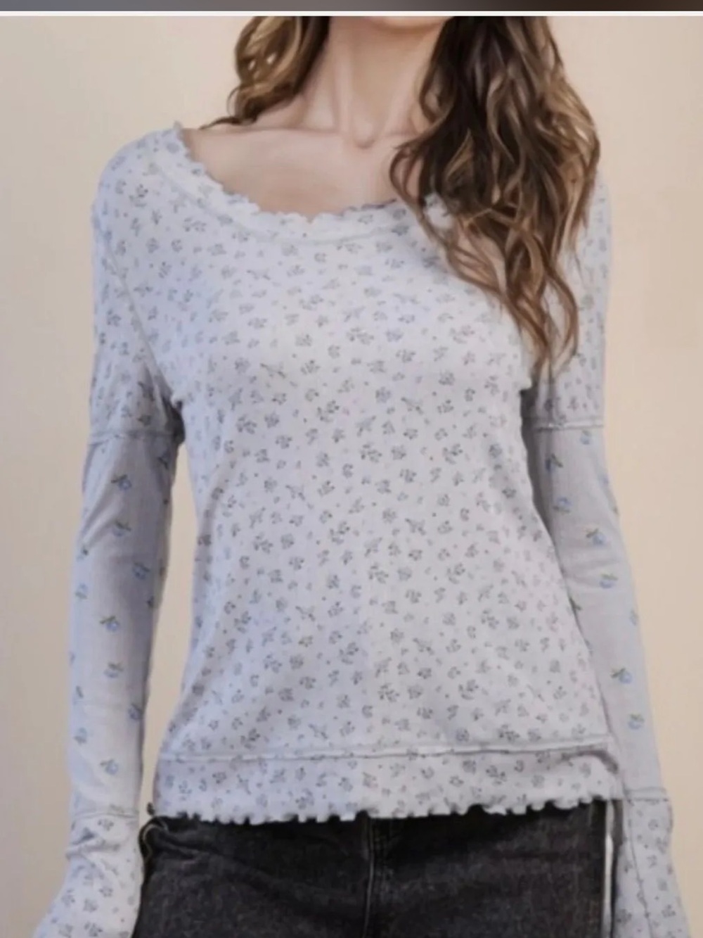 Gray floral long sleeve top